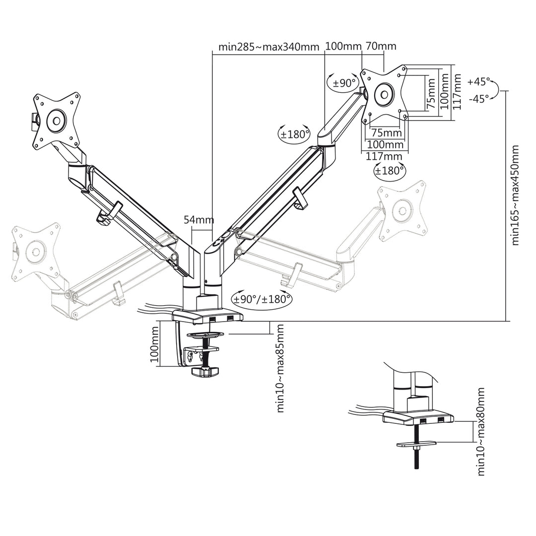 Uchwyt biurkowy do monitora podwójne ramię matowy czarny Ergo Office, ze sprężyną gazową, 17"-32", 9 kg, 2x USB 3.0, ER-406B