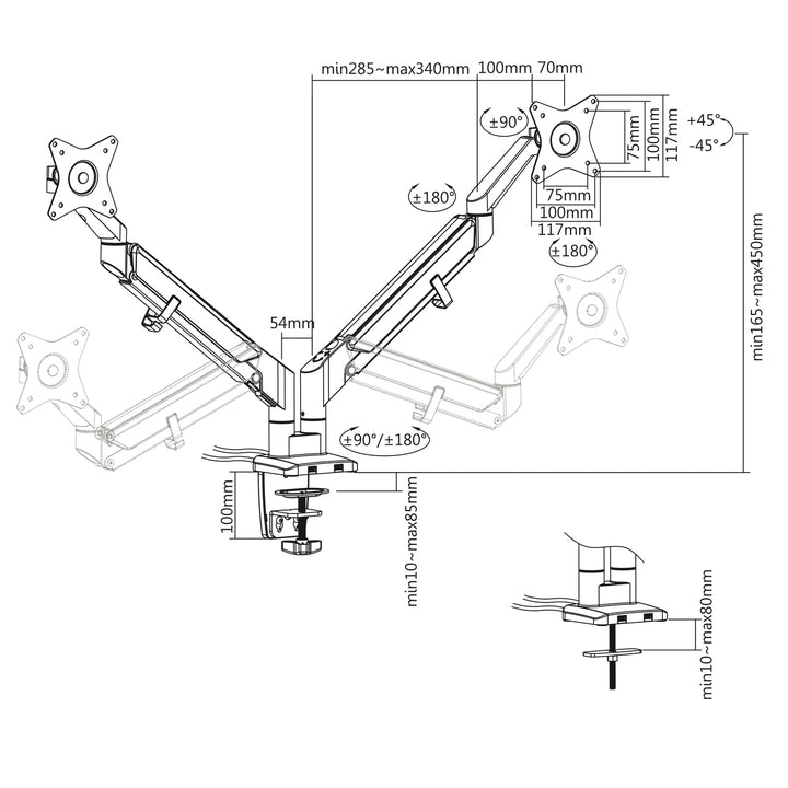 Uchwyt biurkowy do monitora podwójne ramię matowy czarny Ergo Office, ze sprężyną gazową, 17"-32", 9 kg, 2x USB 3.0, ER-406B
