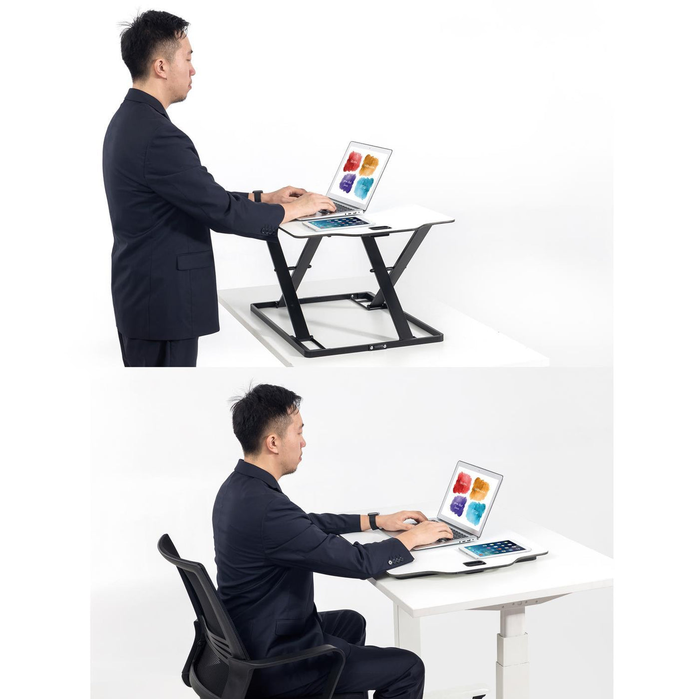 Ultracienki konwerter biurkowy podstawka do pracy na siedząco lub stojąco Ergo Office, biały, ze sprężyną gazową, max 10kg, ER-420