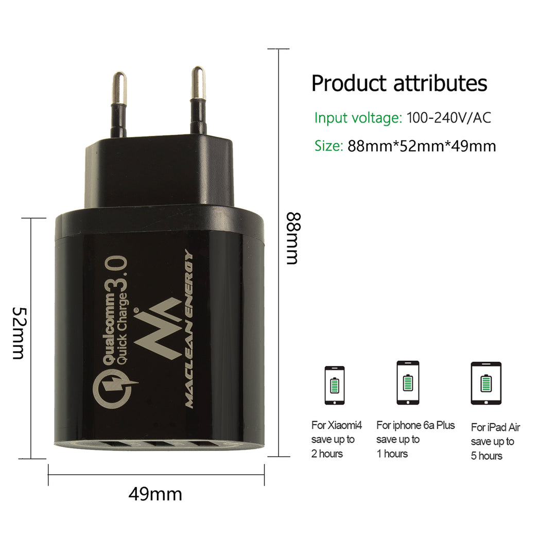 Ładowarka sieciowa 1xQC 3.0 Maclean Energy MCE479 B - czarna Qualcomm Quick Charge QC 3.0 - 3.6-6VV/3A, 6-9V/2A, 9-12V/1.5A i 2 gniazda 5V/2.1A