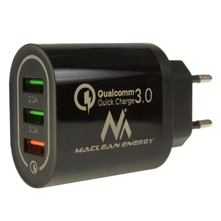 Ładowarka sieciowa 1xQC 3.0 Maclean Energy MCE479 B - czarna Qualcomm Quick Charge QC 3.0 - 3.6-6VV/3A, 6-9V/2A, 9-12V/1.5A i 2 gniazda 5V/2.1A