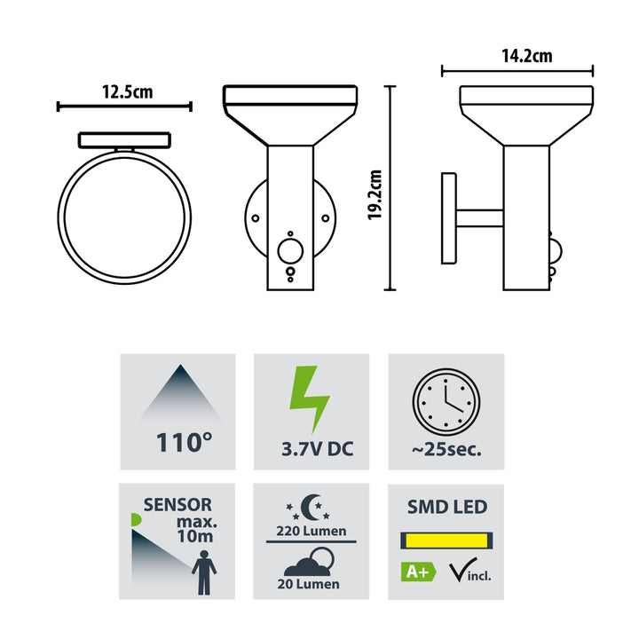 Kinkiet Solarny LED Maclean, Z Czujnikiem, 3 Tryby Świecenia, IP44, Bateria Li-ion 18650 3,7V 1200 mAh, Czarny, MCE455 B