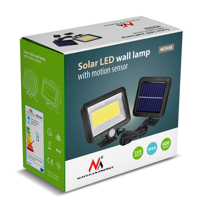 Solarny naświetlacz LED z czujnikiem ruchu Maclean Energy IP44, 5W, 400lm, 6000K zimna biała, akumulator litowy 1300 mAh, 3,7V DC  MCE438