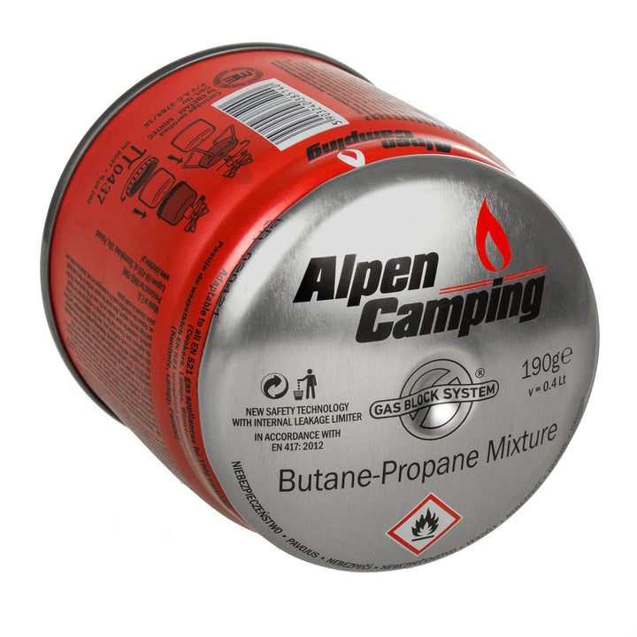 Kartusz gazowy 400ml Alpen Camping. certyfikat: Pi 0437, zgodny z normą EN417, propan-butan, zakres -10°c do+ 40°c, system GAS STOP IK006