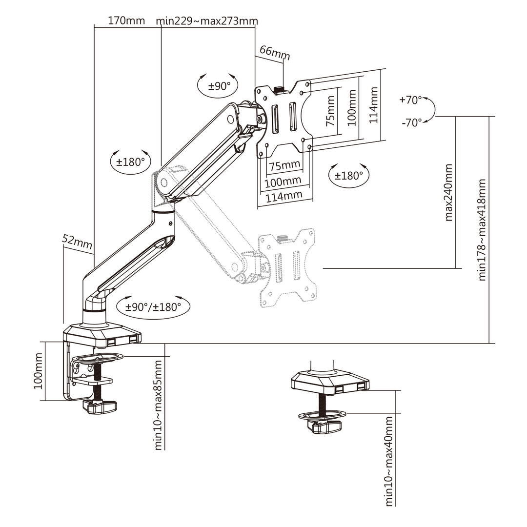 Uchwyt do monitora aluminiowy ze sprężyną gazową Ergo Office, podwójne ramię, vesa 75x75/100x100, 17"-32" 10 kg srebrny, ER-447