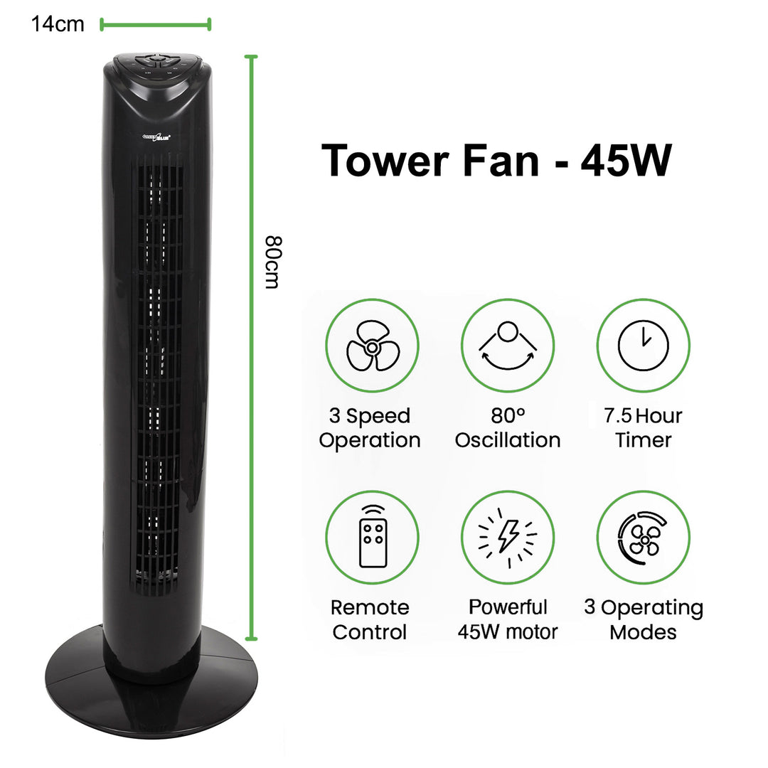 Wentylator kolumnowy z pilotem zdalnego sterowania, 3 tryby, 3 prędkości, Oscylacja 80°, 45W, Timer, Wysokość 82 cm GB645