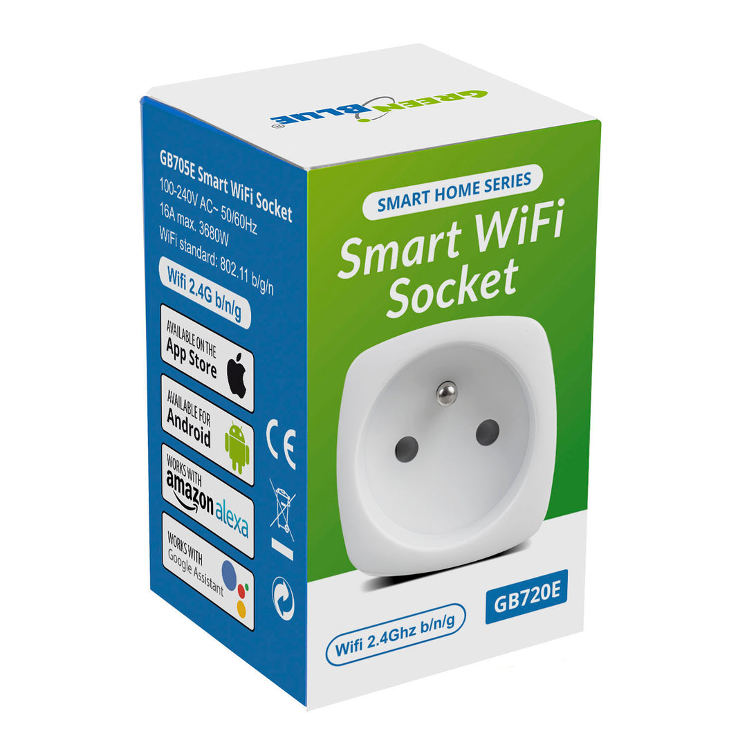 Zdalnie sterowane gniazdko WiFi GreenBlue, Android/iOS/Alexa/Google Home, zuż. energii, timer, max 3680W, typ E, GB720 E