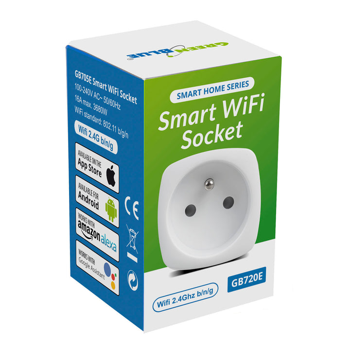 Zdalnie sterowane gniazdko WiFi GreenBlue, Android/iOS/Alexa/Google Home, zuż. energii, timer, max 3680W, typ E, GB720 E