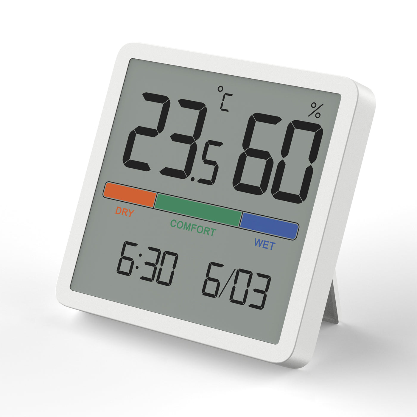 Termometr/higrometr z funkcją zegara i daty, GreenBlue, bateria CR2032, zakres temp. -9.9 st. C do +60 st. C.,GB380