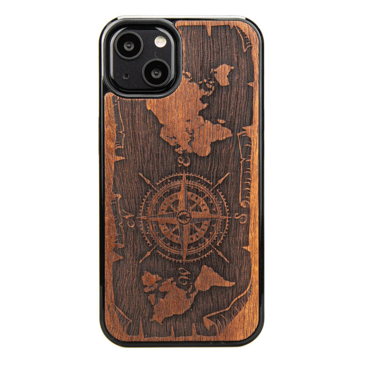 DREWNIANE ETUI IPHONE 13 RÓŻA WIATRÓW MERBAU WYSOKIEJ JAKOŚCI