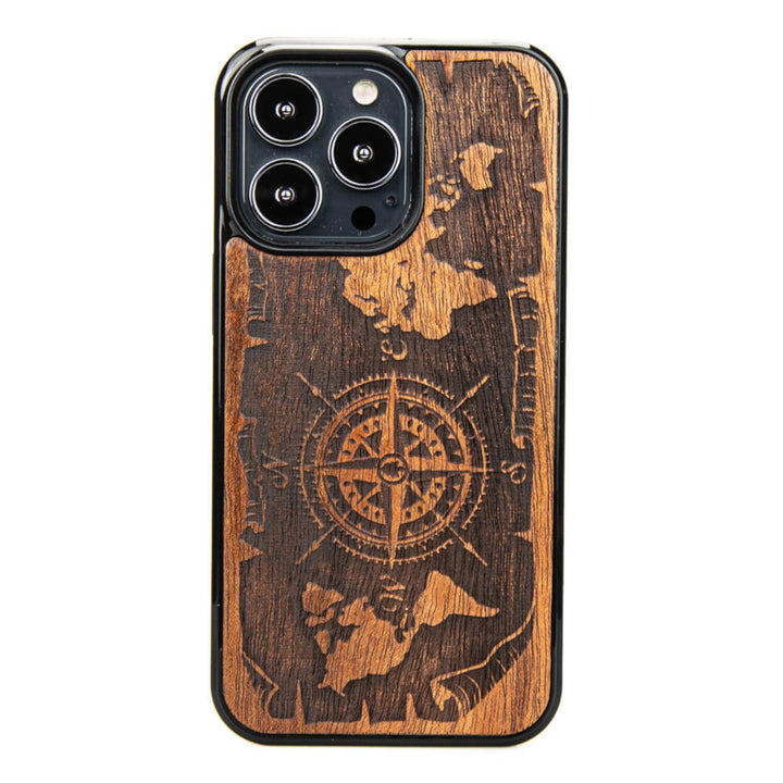 DREWNIANE ETUI IPHONE 13 PRO RÓŻA WIATRÓW MERBAU WYSOKIEJ JAKOŚCI
