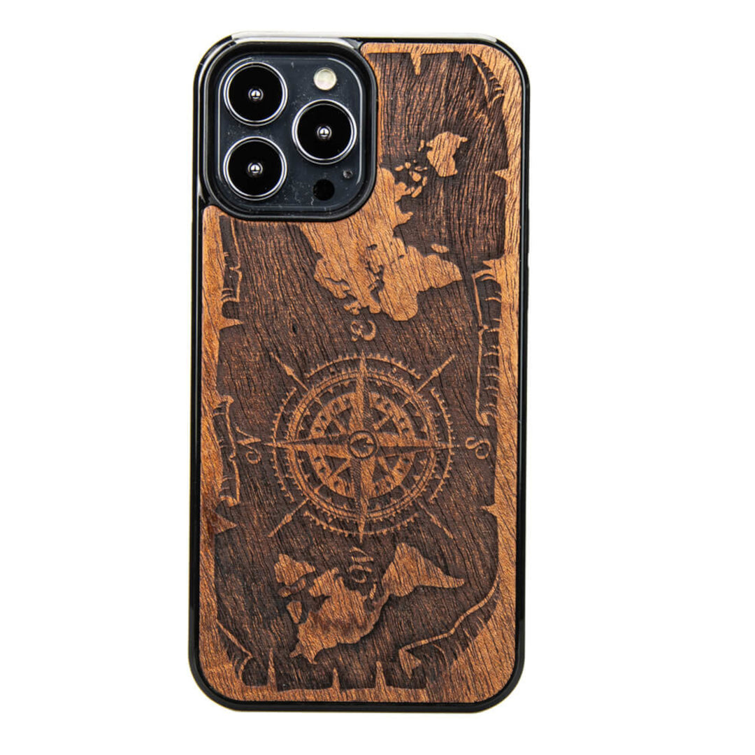 DREWNIANE ETUI IPHONE 13 PRO MAX RÓŻA WIATRÓW MERBAU WYSOKIEJ JAKOŚCI