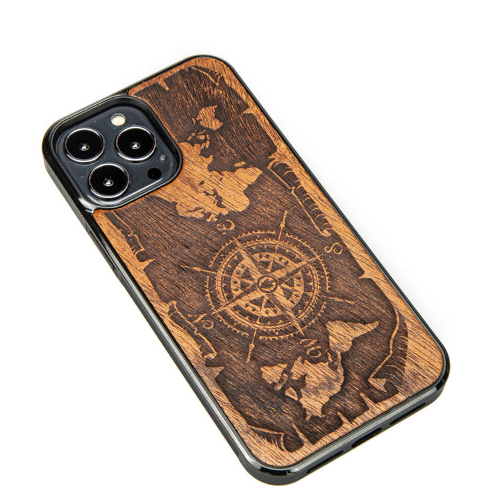 DREWNIANE ETUI IPHONE 13 PRO MAX RÓŻA WIATRÓW MERBAU WYSOKIEJ JAKOŚCI