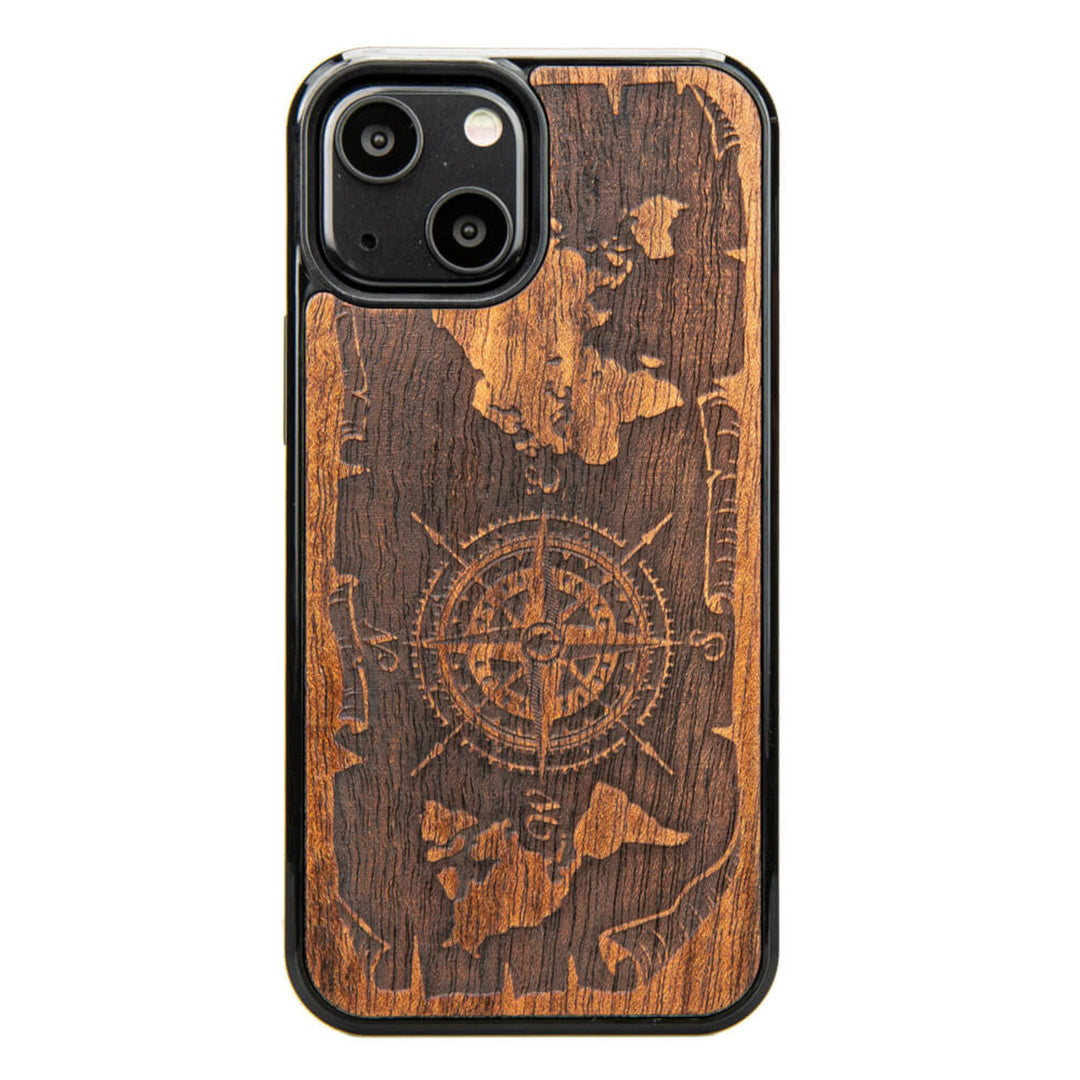 DREWNIANE ETUI IPHONE 13 MINI RÓŻA WIATRÓW MERBAU WYSOKIEJ JAKOŚCI