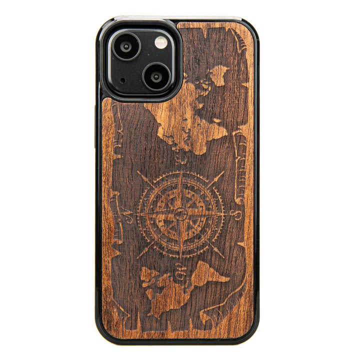 DREWNIANE ETUI IPHONE 13 MINI RÓŻA WIATRÓW MERBAU WYSOKIEJ JAKOŚCI