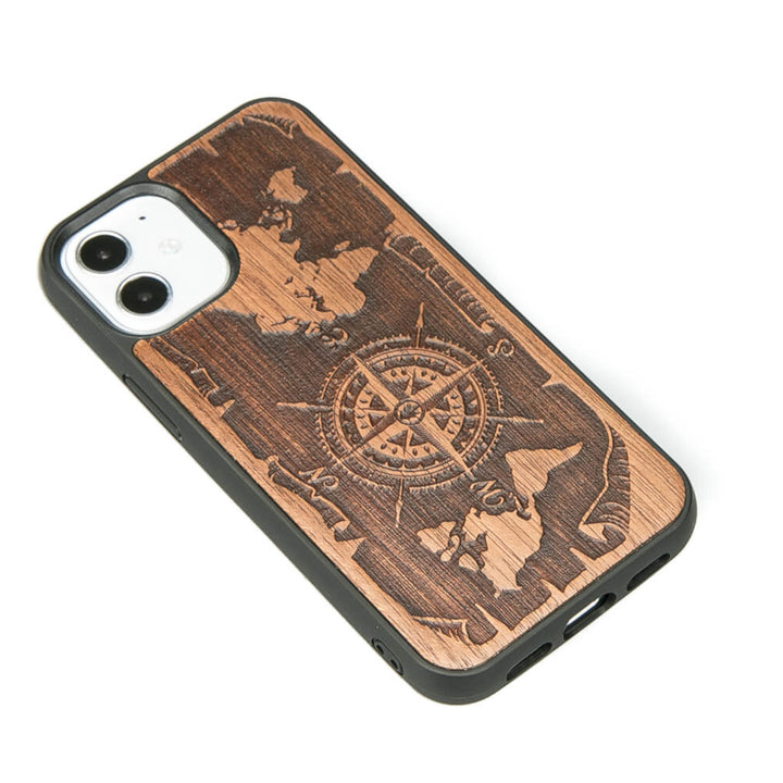 DREWNIANE ETUI IPHONE 12 MINI RÓŻA WIATRÓW MERBAU WYSOKIEJ JAKOŚCI