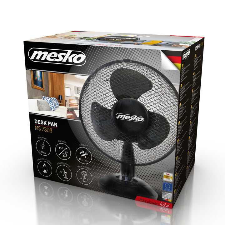 Wentylator biurkowy 23cm 45W Mesko MS 7308, oscylacja, dwie prędkości nawiewu