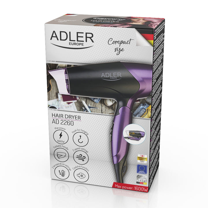 Suszarka 1600W ze składaną rączką i koncentratorem powietrza Adler AD 2260