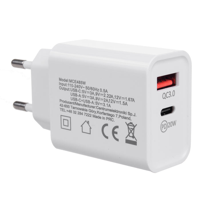 Ładowarka sieciowa 20W Maclean, PD, Power Delivery, Qualcomm Quick Charge, QC 3.0, 5V3A/9V2.22A/12V1.67A, biała, MCE485W