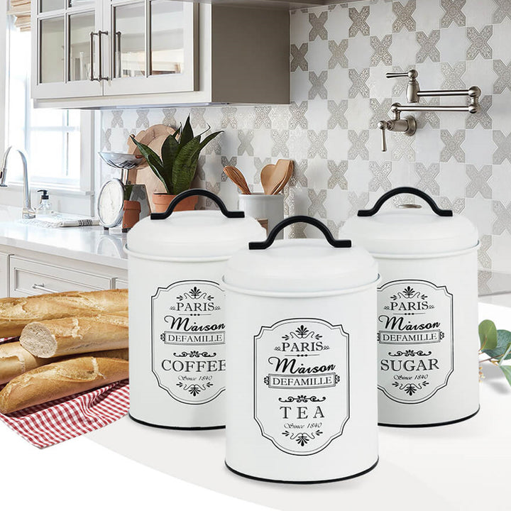 Paris 3pcs Storage Tins Set Metal Storage Tins Sugar Coffee Tea Kitchen Container Cukier Kawa Herbata 3x Ø11,3 x 18,5cm White/Black