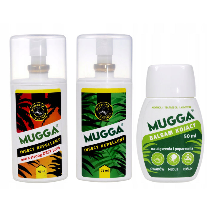 Zestaw 2x Mugga 50% + 9,5% Deet rodzinny + Balsam kojący 50ml