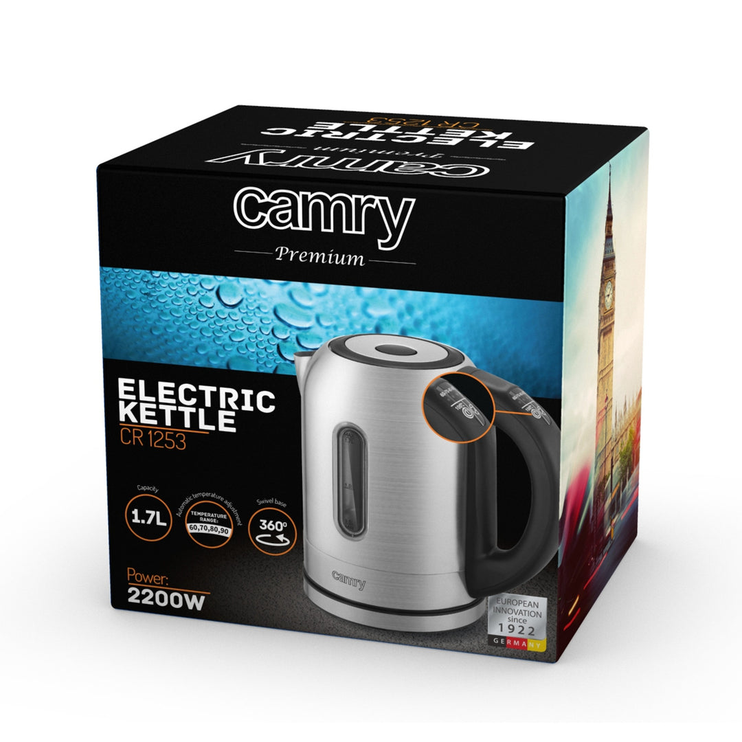 Czajnik bezprzewodowy Camry, regulacja temperatury, 1,7l, 2200W, podświetlenie LED, CR 1253