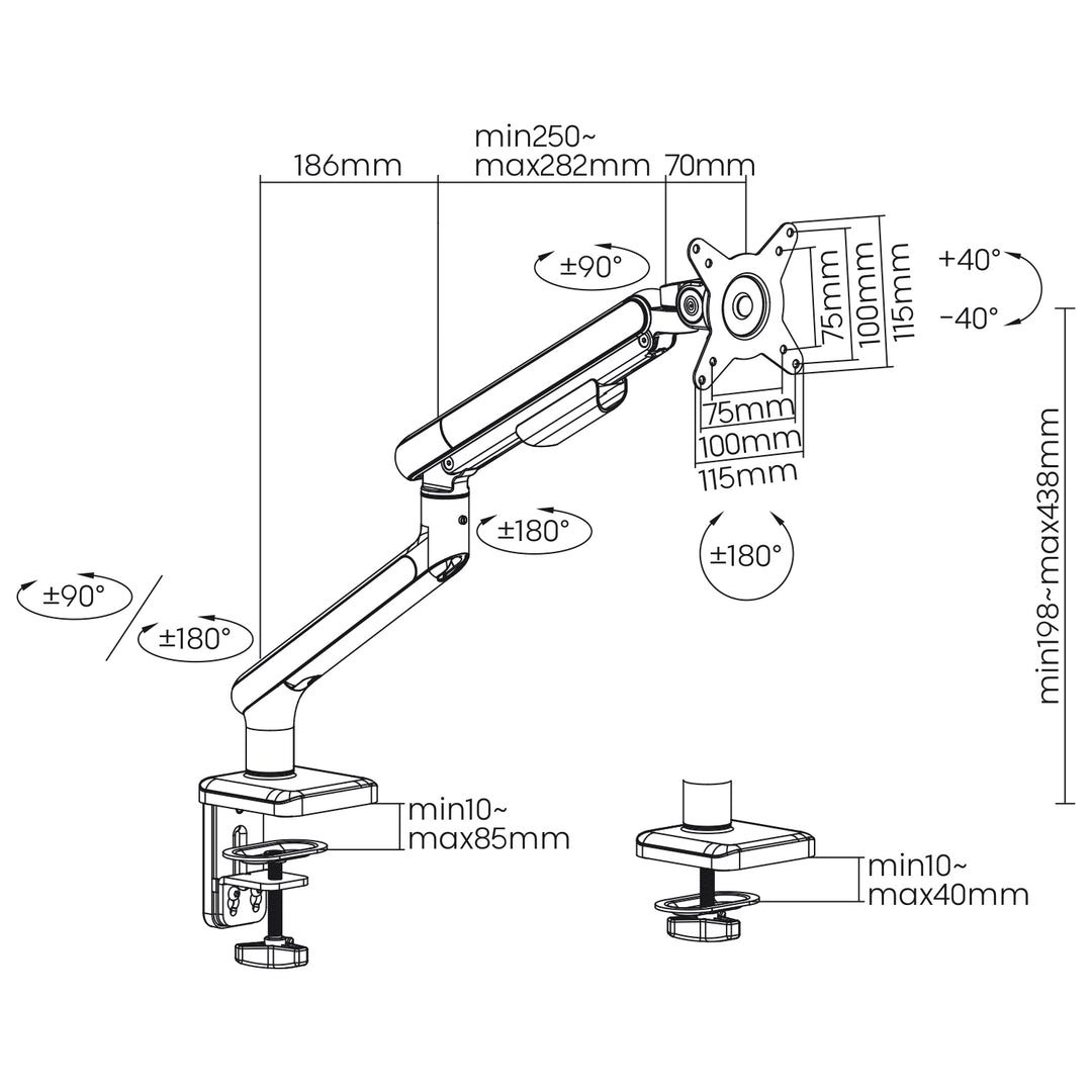 Uchwyt biurkowy do monitora LCD Ergo Office, sprężyna gazowa, VESA 75x75 oraz 100x100, 17-32" 9kg, ER-751