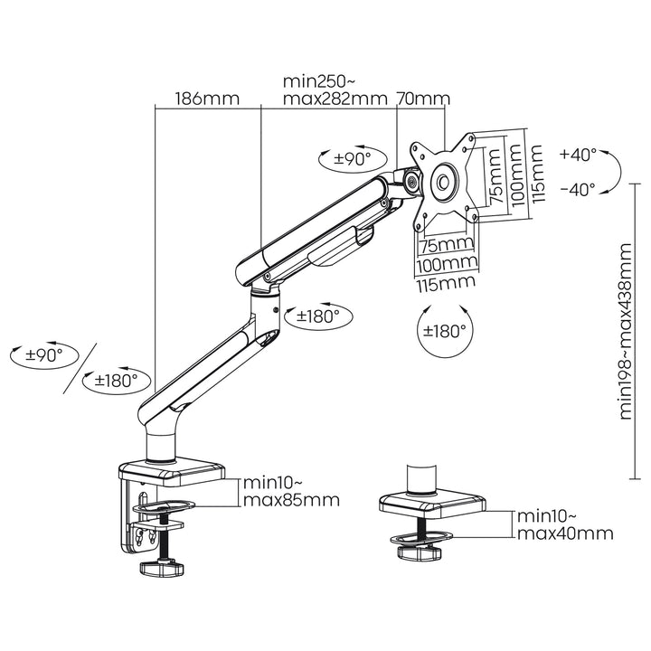 Uchwyt biurkowy do monitora LCD Ergo Office, sprężyna gazowa, VESA 75x75 oraz 100x100, 17-32" 9kg, ER-751