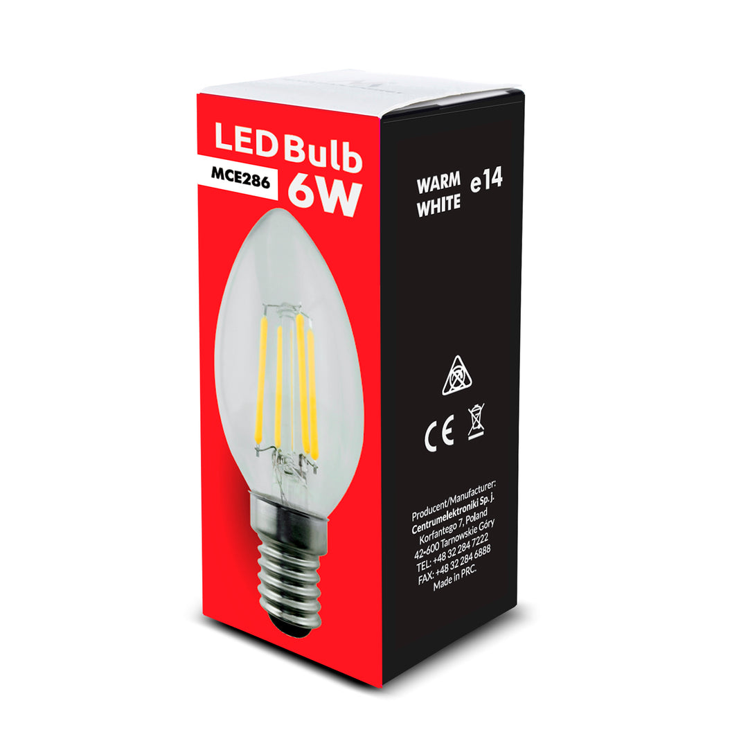 6x żarówka Maclean, Filamentowa LED E14, 6W, 230V, WW ciepła biała 3000K, 806lm, Retro edison ozdobna świeczka C35, MCE286