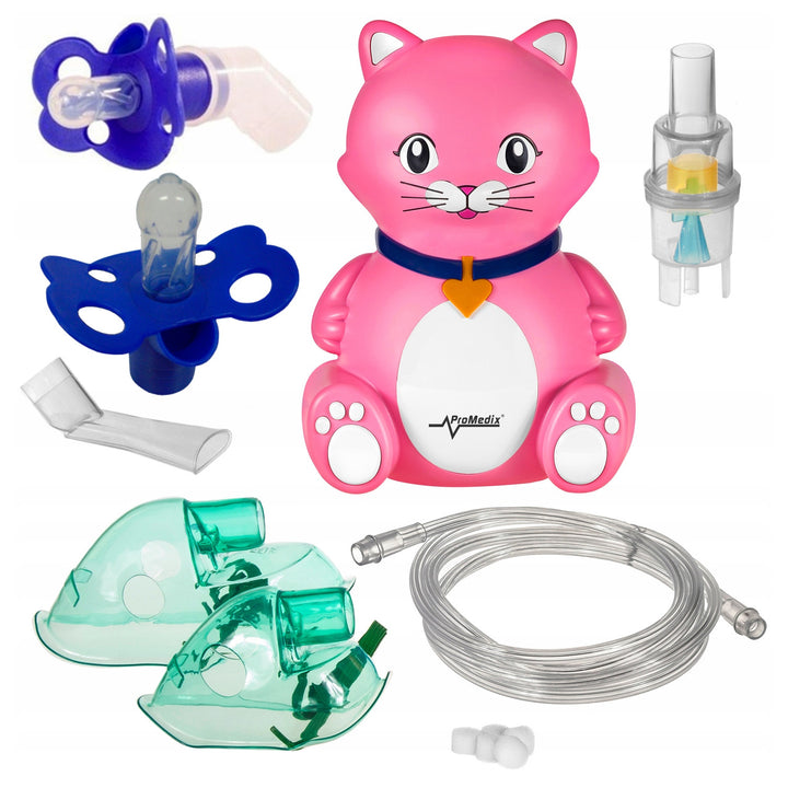 Inhalator dla dzieci kot Promedix, zestaw nebulizator, maski, filterki, PR-816 + uniwersalny smoczek Gess do inhalatora