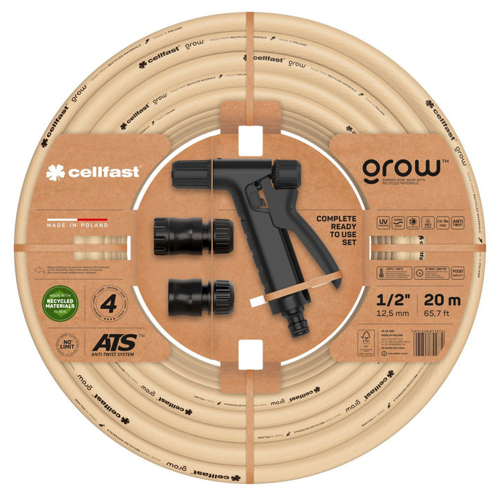 Cellfast 13-590 GROW Zestaw węża ogrodowego z akcesoriami 1/2" 20m 4-warstwowy, gotowy do użycia, wielofunkcyjny, zapobiegający skręcaniu się glonów