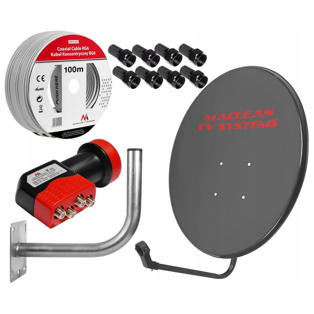 Zestaw satelitarny, antena 80 cm, uchwyt antenowy 40 cm, konwerter quad, kabel 100 m, wtyki