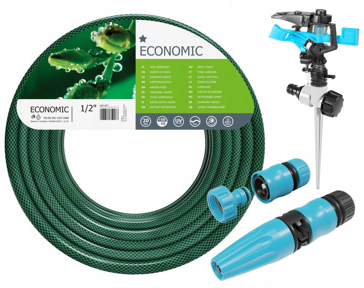 Zestaw wąż ogrodowy Cellfast Economic 1/2" 20m + zraszacz pulsacyjny Basic + zestaw ze zraszaczem prostym 1/2"