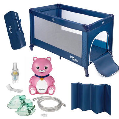Łóżeczko turystyczne Promedix,125x65x74cm, niebieskie, kółka, pokrowiec ochronny, PR-803B + Inhalator dla dzieci kot PR-816